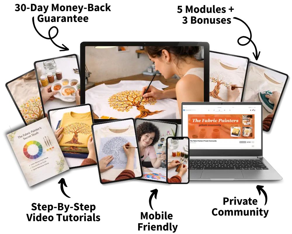 multiple screens and devices displaying similar artwork and an online fabric painting course