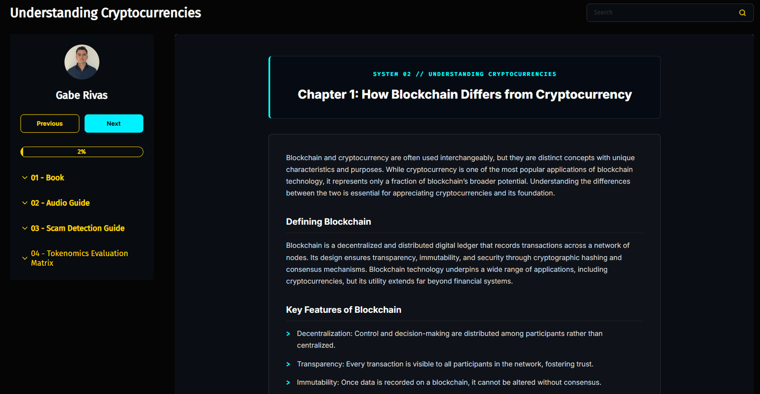 Web-based interactive cryptocurrency book lesson