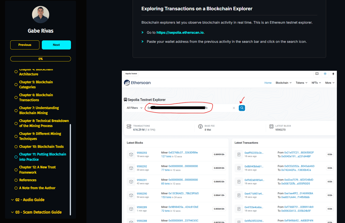 Guided practical blockchain exercise using a testnet explorer