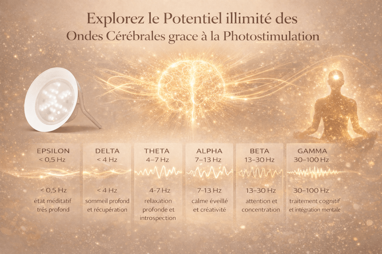Schéma des ondes cérébrales alpha, thêta, delta et leur lien avec la photostimulation