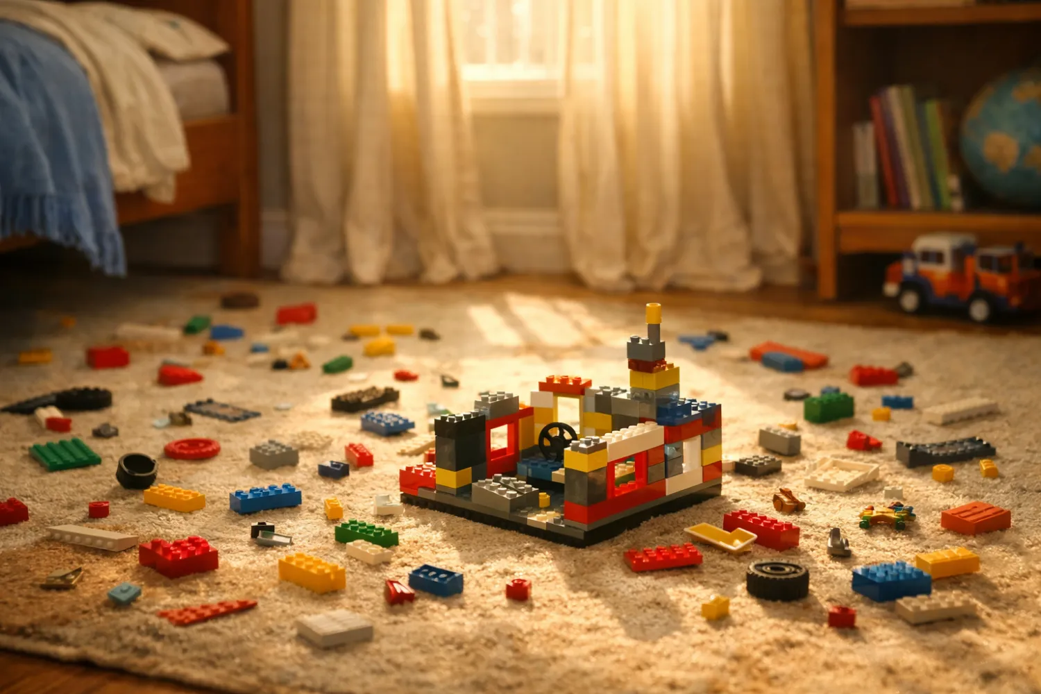 Child building with Lego in warm light