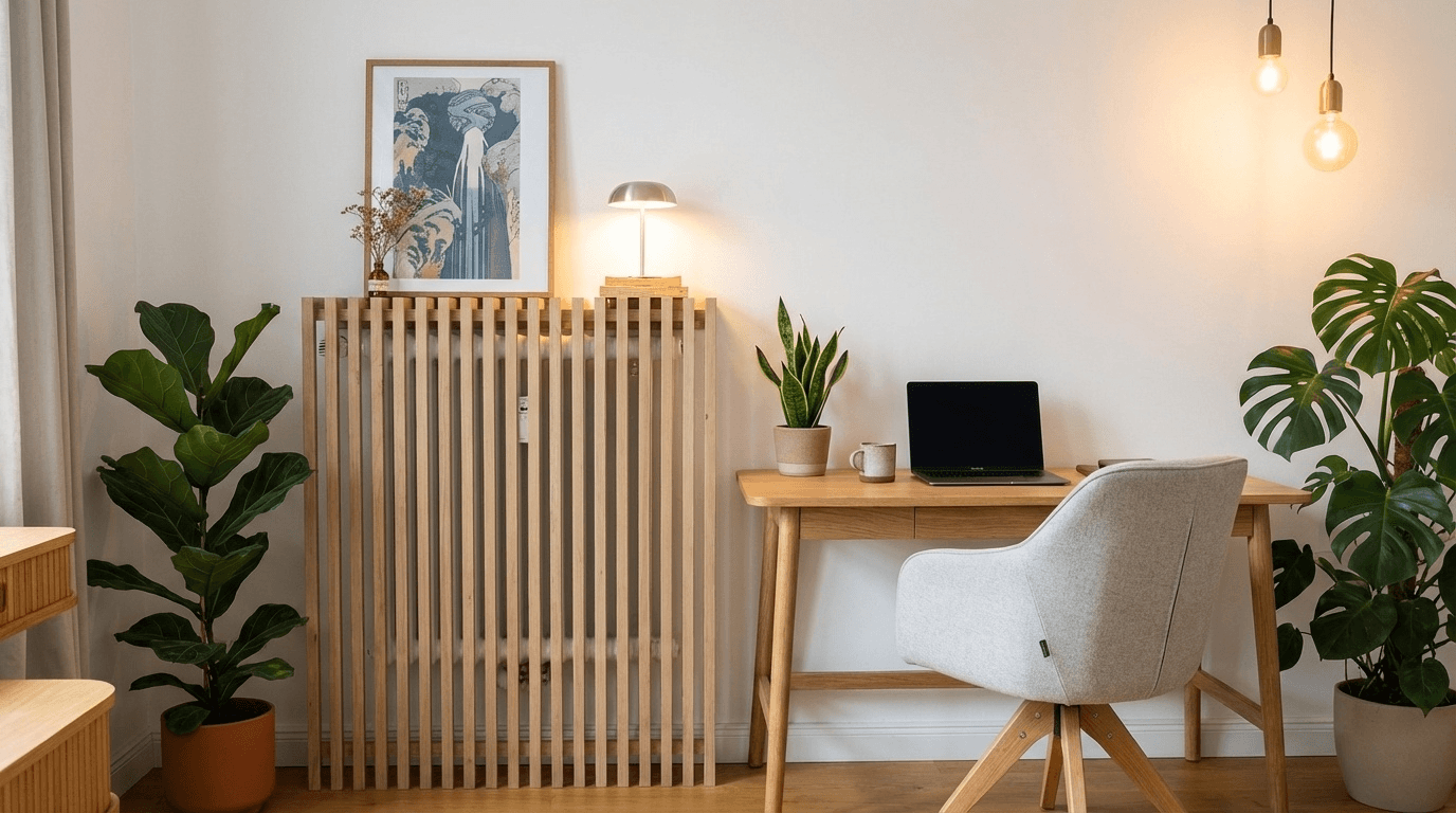 Heizungsverkleidung Eiche im Home Office