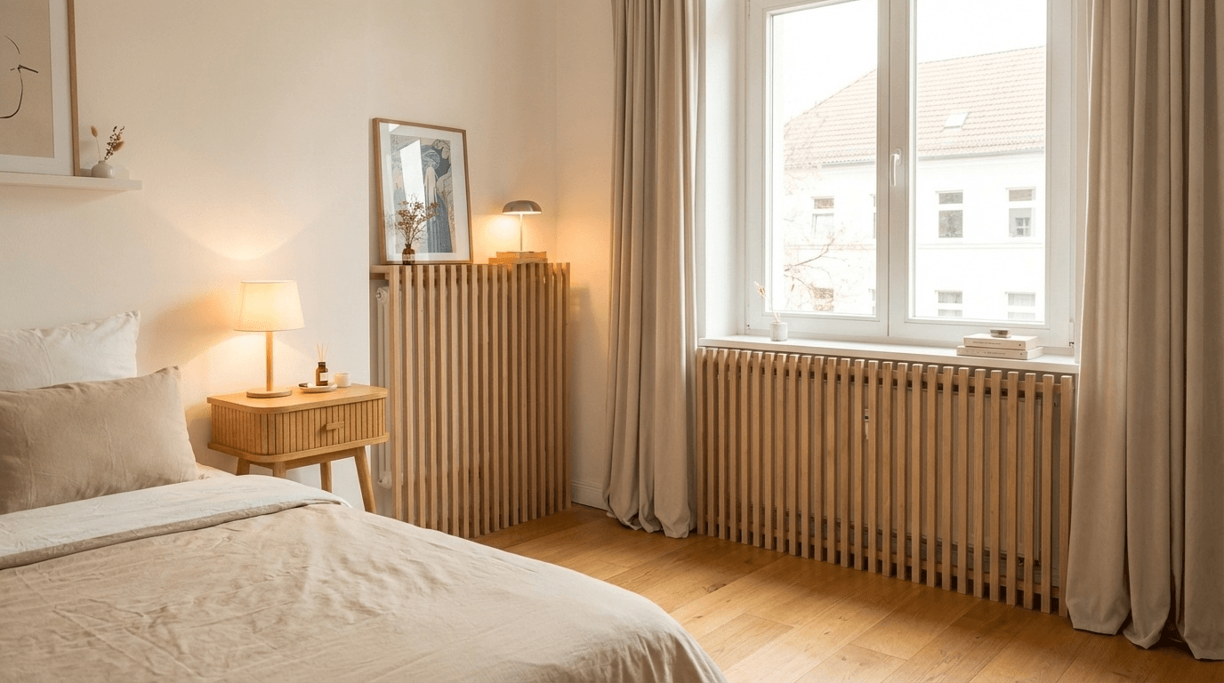 Heizungsverkleidung Eiche im Schlafzimmer