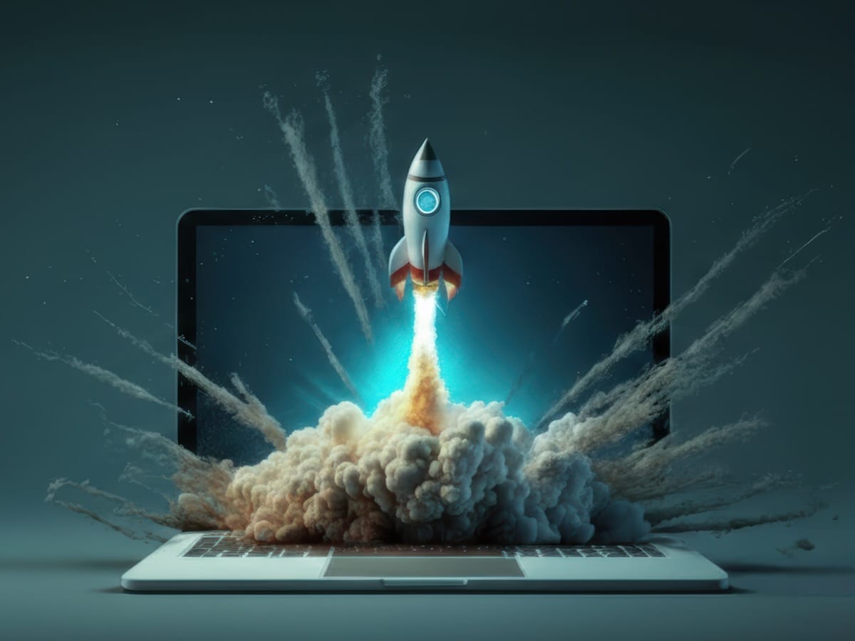 Laptopból kilövő rakéta illusztráció