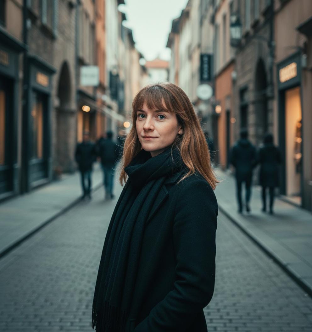 alt="Frances Harlow, founder of Mirabella Transatlantic, smiling on a cobblestone street"