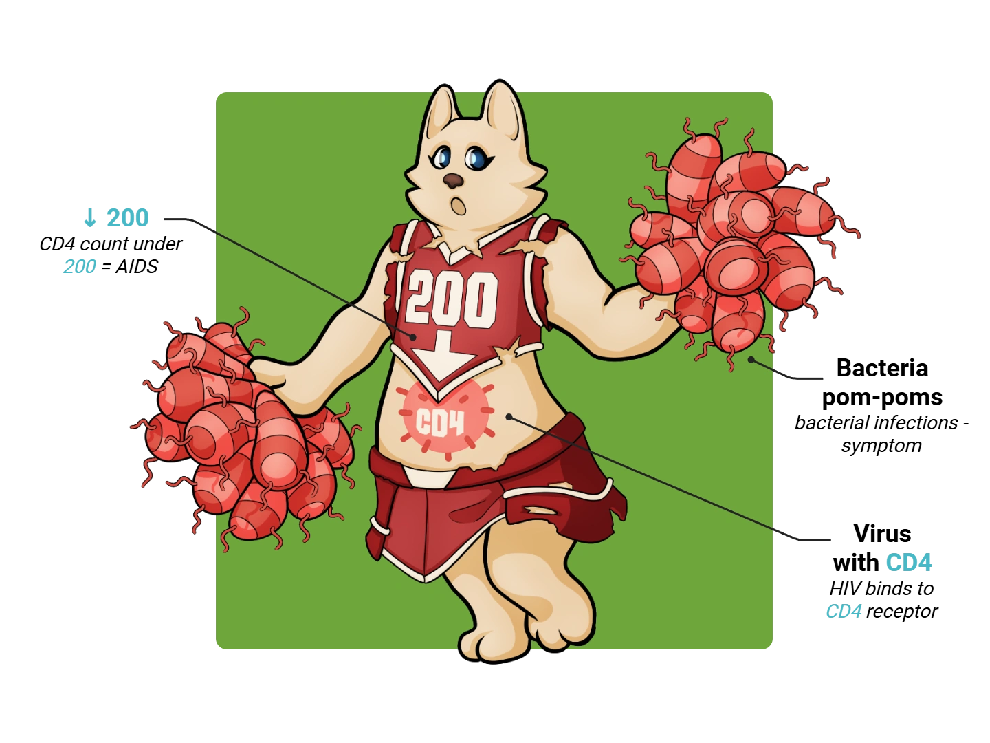 HIV/AIDS Medimon infographic with labeled medical features and mnemonic annotations.