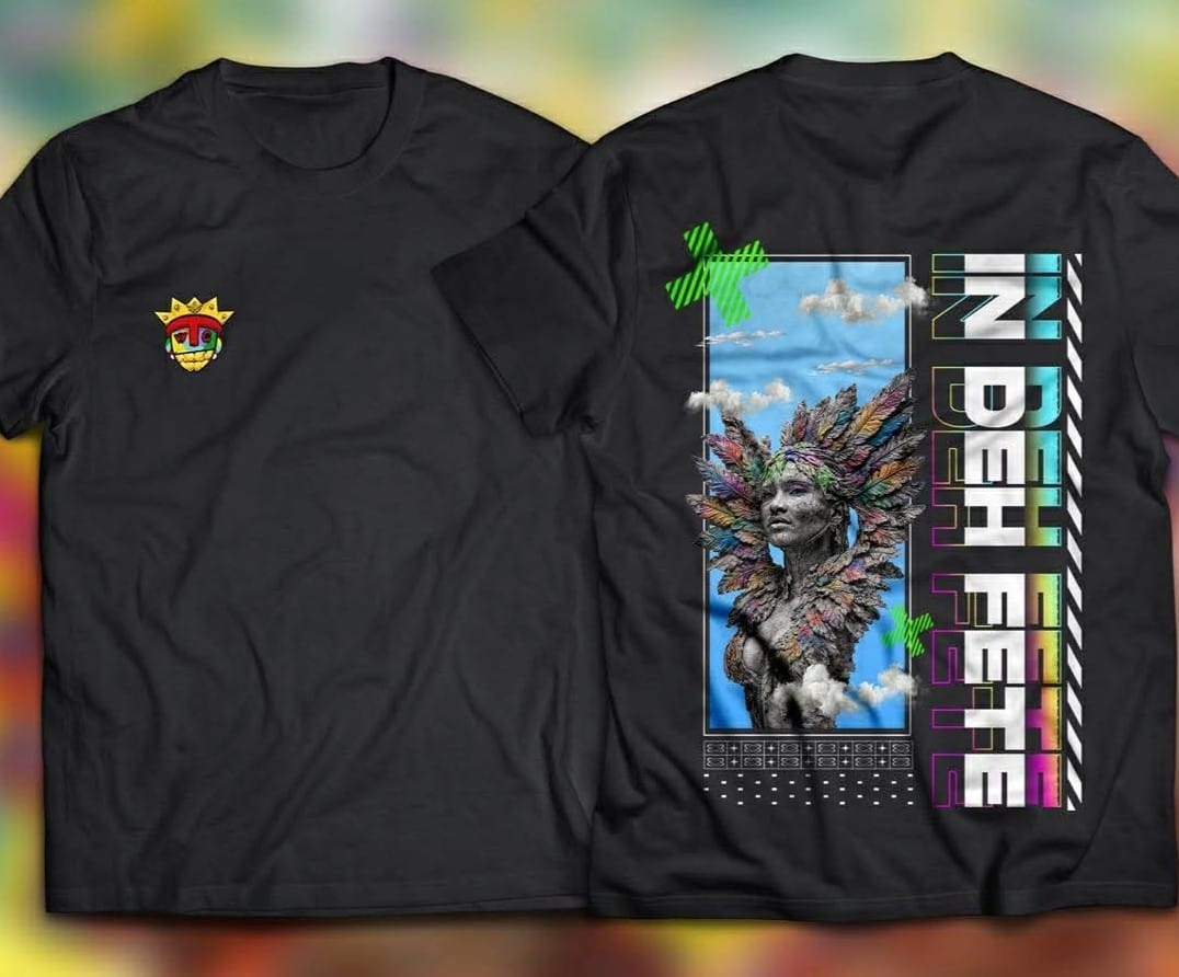 With The Grain Podcast Carnival T-Shirt In The Fete Limited Edition Black Tee with WTG Logo In  Front Made by Tynesha Evans 