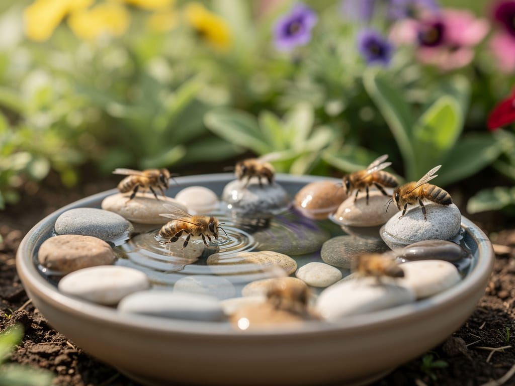 Point d’eau pour les abeilles : coupelle avec cailloux
