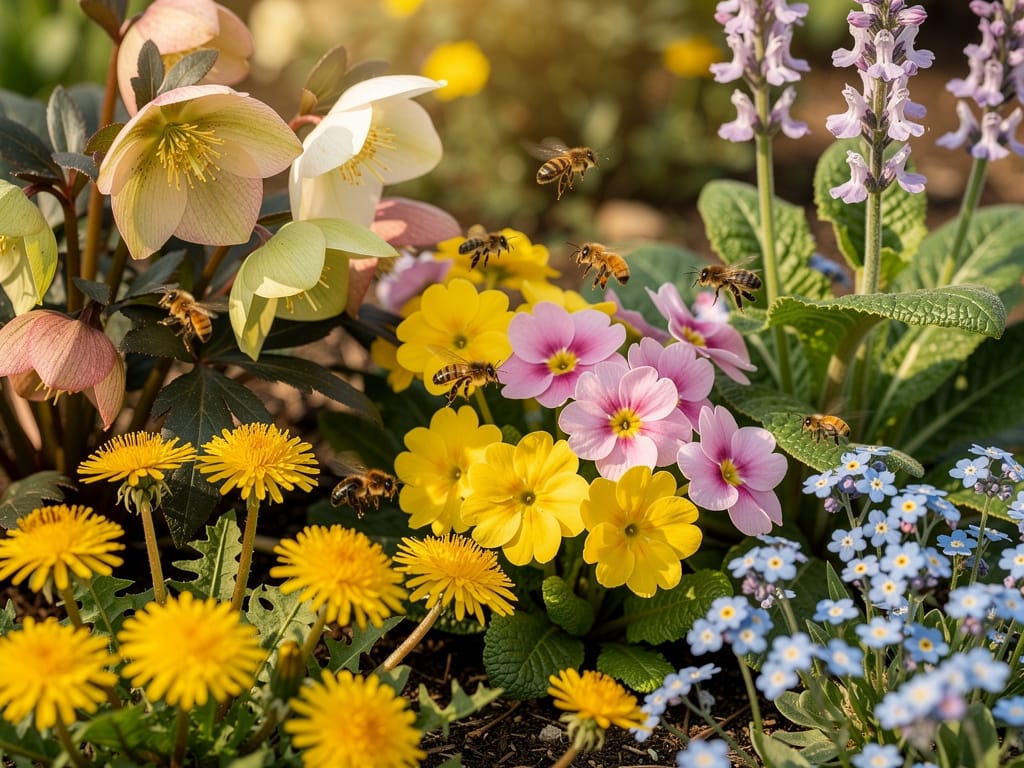 Fleurs de printemps pour les abeilles : pissenlit, primevère