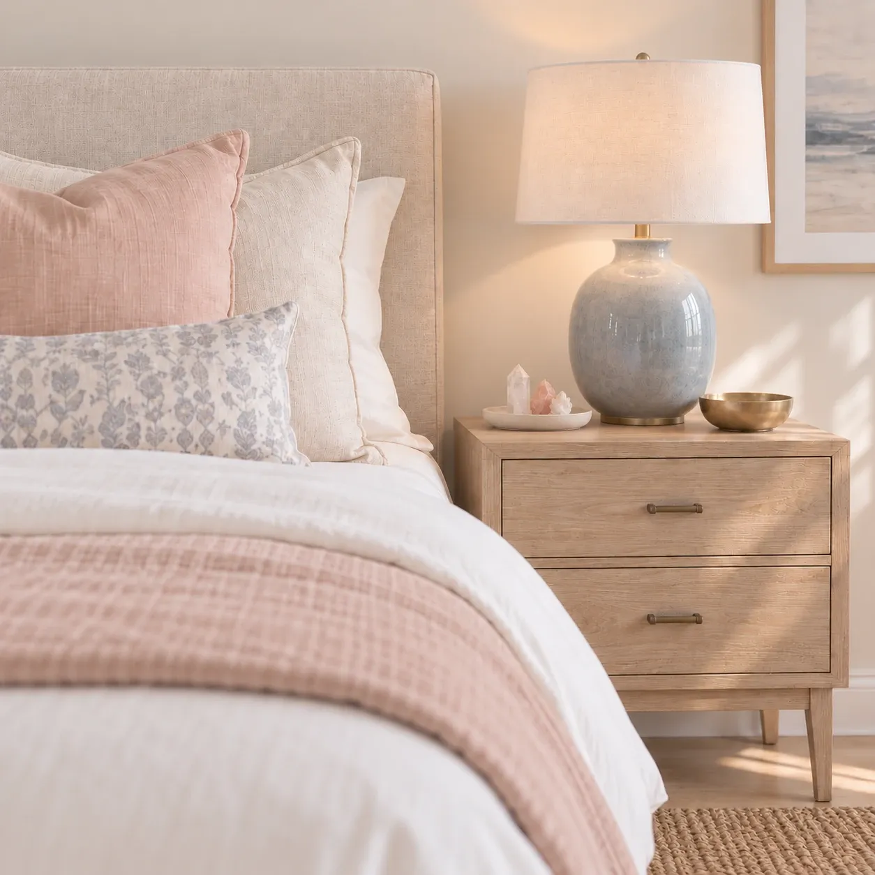 A calm bedroom corner with soft linen, warm light and a small vase of flowers