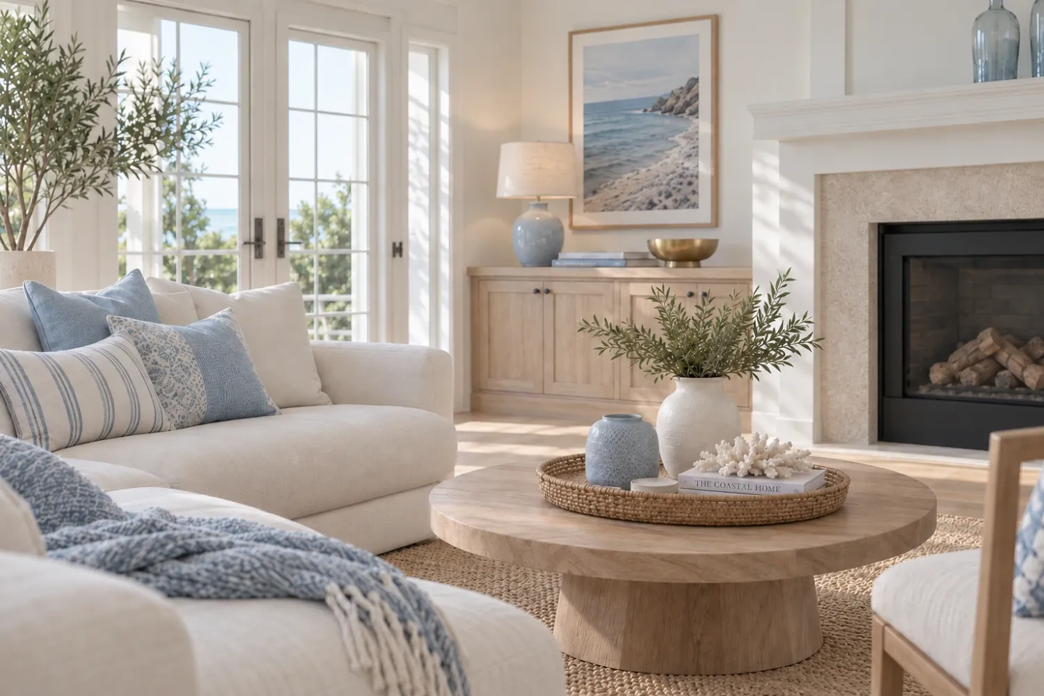 A calm, light-filled living room styled with natural textures and soft daylight