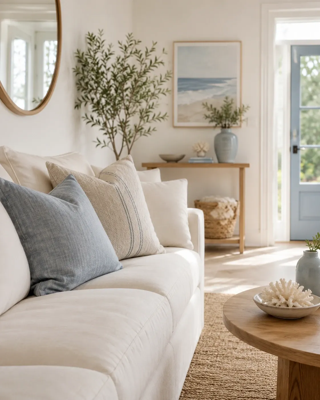 A softly styled living space with balanced furniture placement and natural light