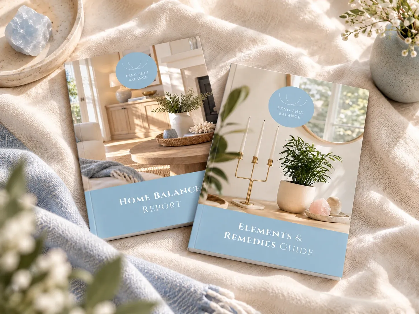 The Home Balance report and Elements + Remedies Guide laid out on a table