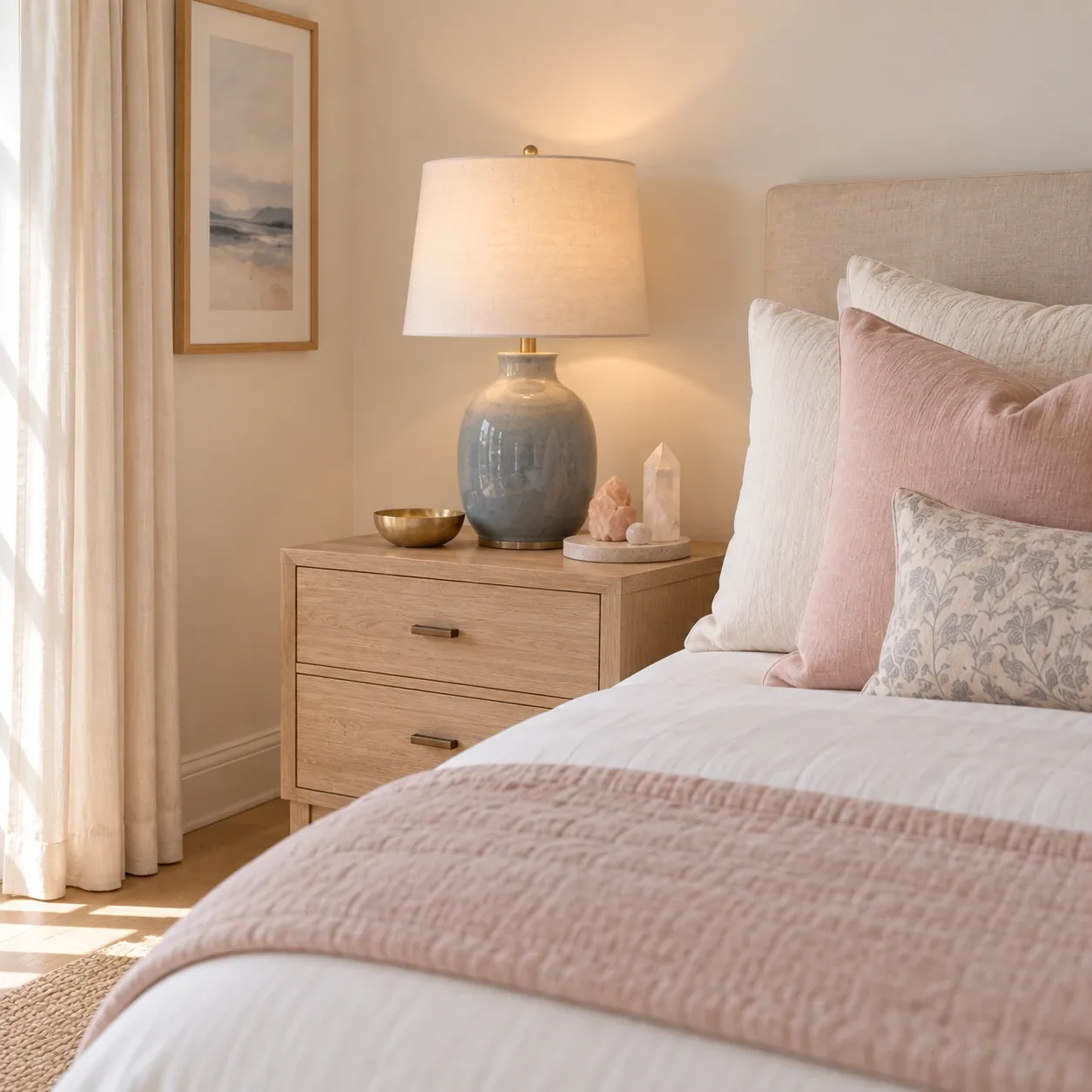 A calm, softly lit bedroom corner styled for rest and fertility support