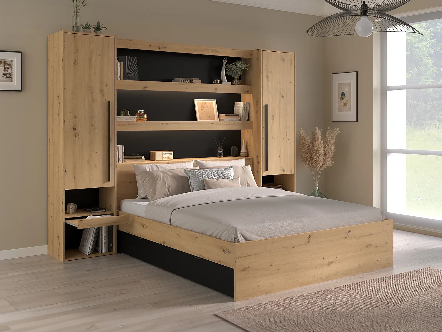 Lit sanctuaire avec tête de lit capitonnée et rangements intégrés pour une chambre minimaliste.