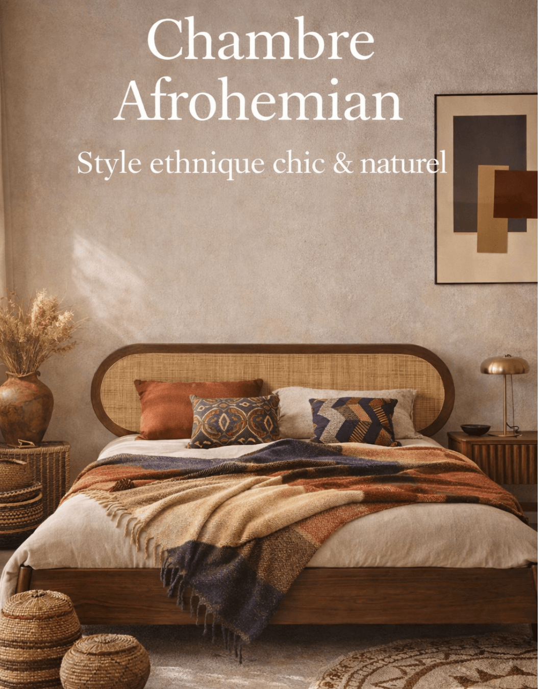 Chambre Afrohemian aux tons terreux, tête de lit en raphia et linge de maison naturel.