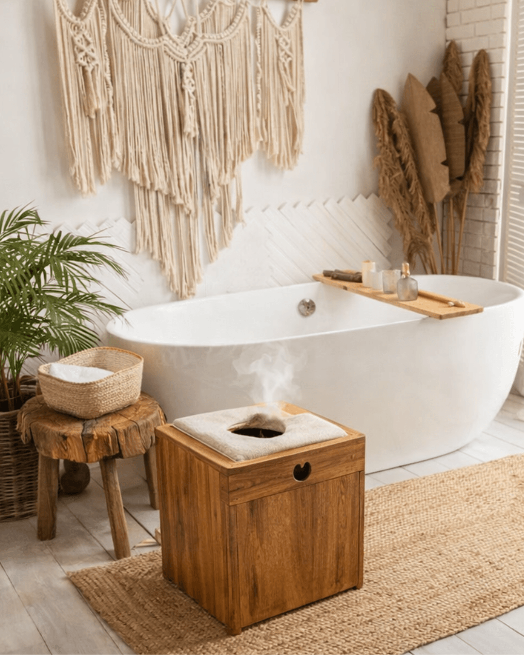 Salle de bain style spa africain avec vasque en pierre, bois de teck et accessoires en bambou.