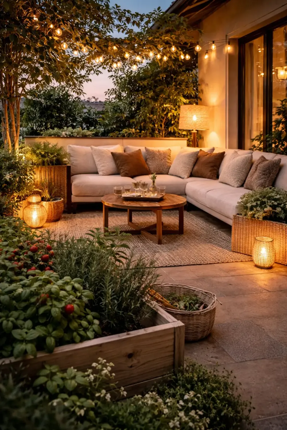 Aménagement de jardin paysager aux formes organiques avec coin détente et végétation luxuriante.