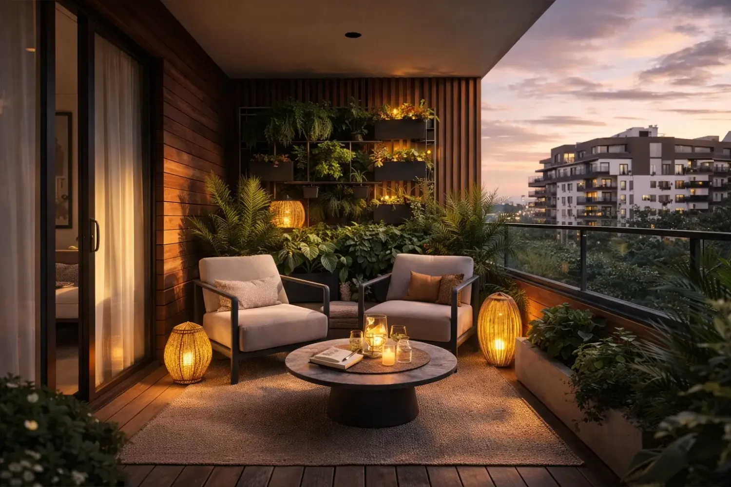 Terrasse design et jardin bohème avec mobilier en matières naturelles pour un espace extérieur zen et décoration extérieure moderne. 