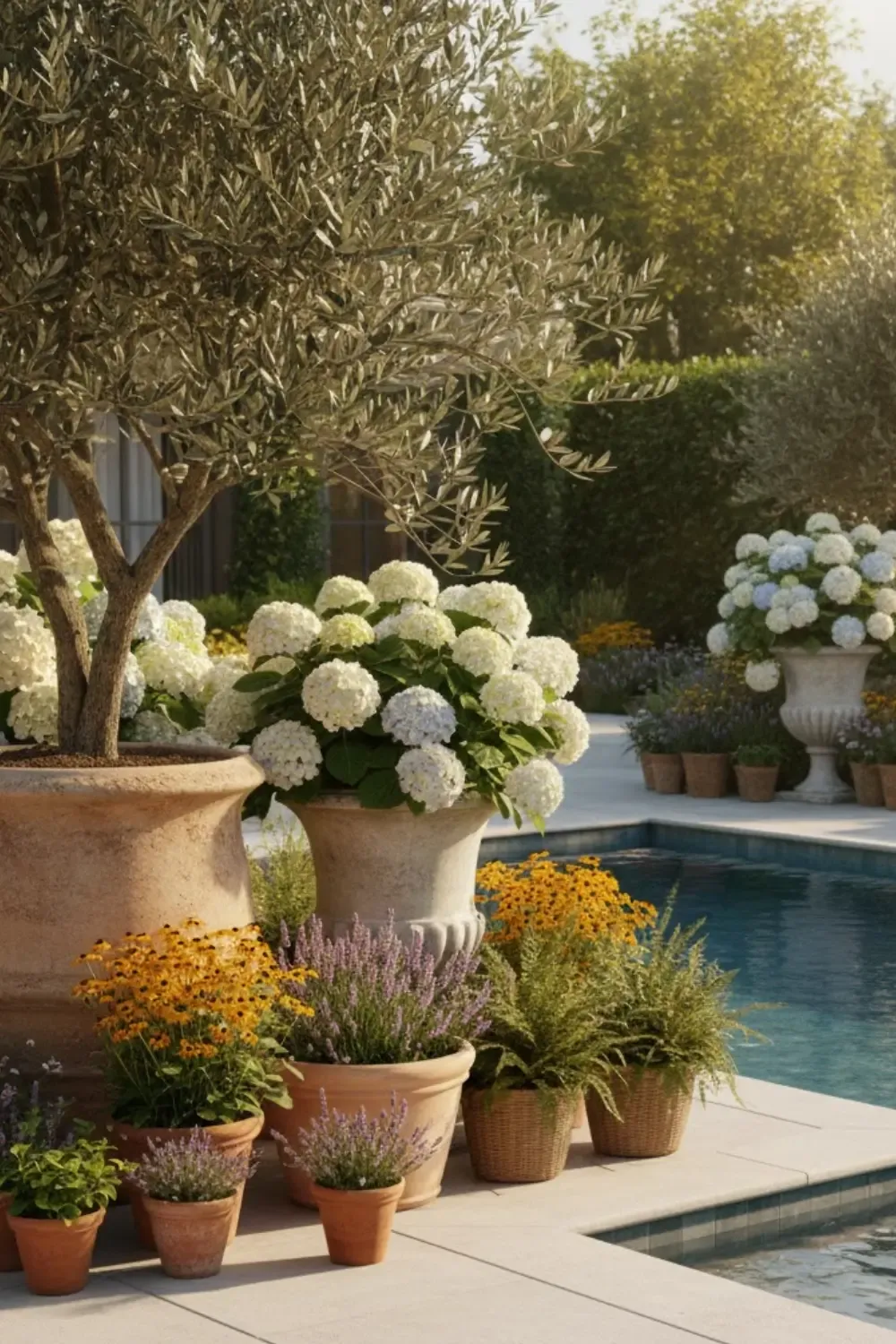 Porche d'entrée printanier décoré avec des pots en terre cuite et des plantes vertes pour un accueil digne d'un magazine.