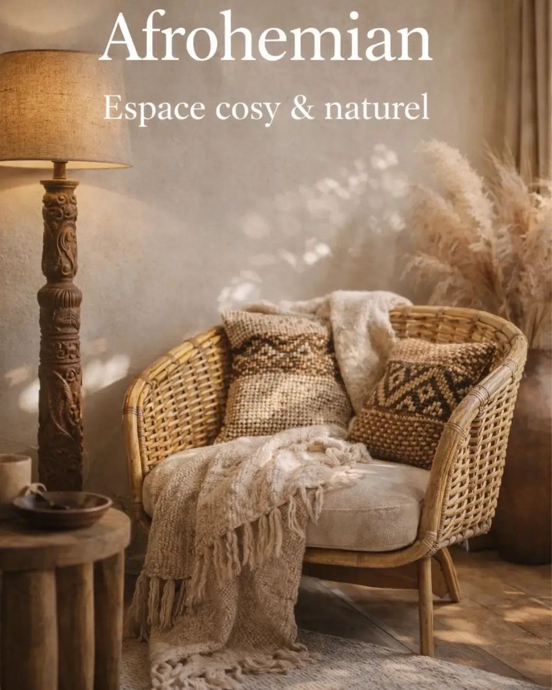 Espace lecture sensoriel avec fauteuil en rotin, jeté de lit en coton brut et lumière tamisée.