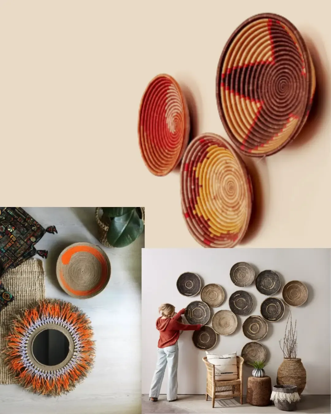 Mur d'accent avec collection de masques africains stylisés et étagères aux formes organiques.