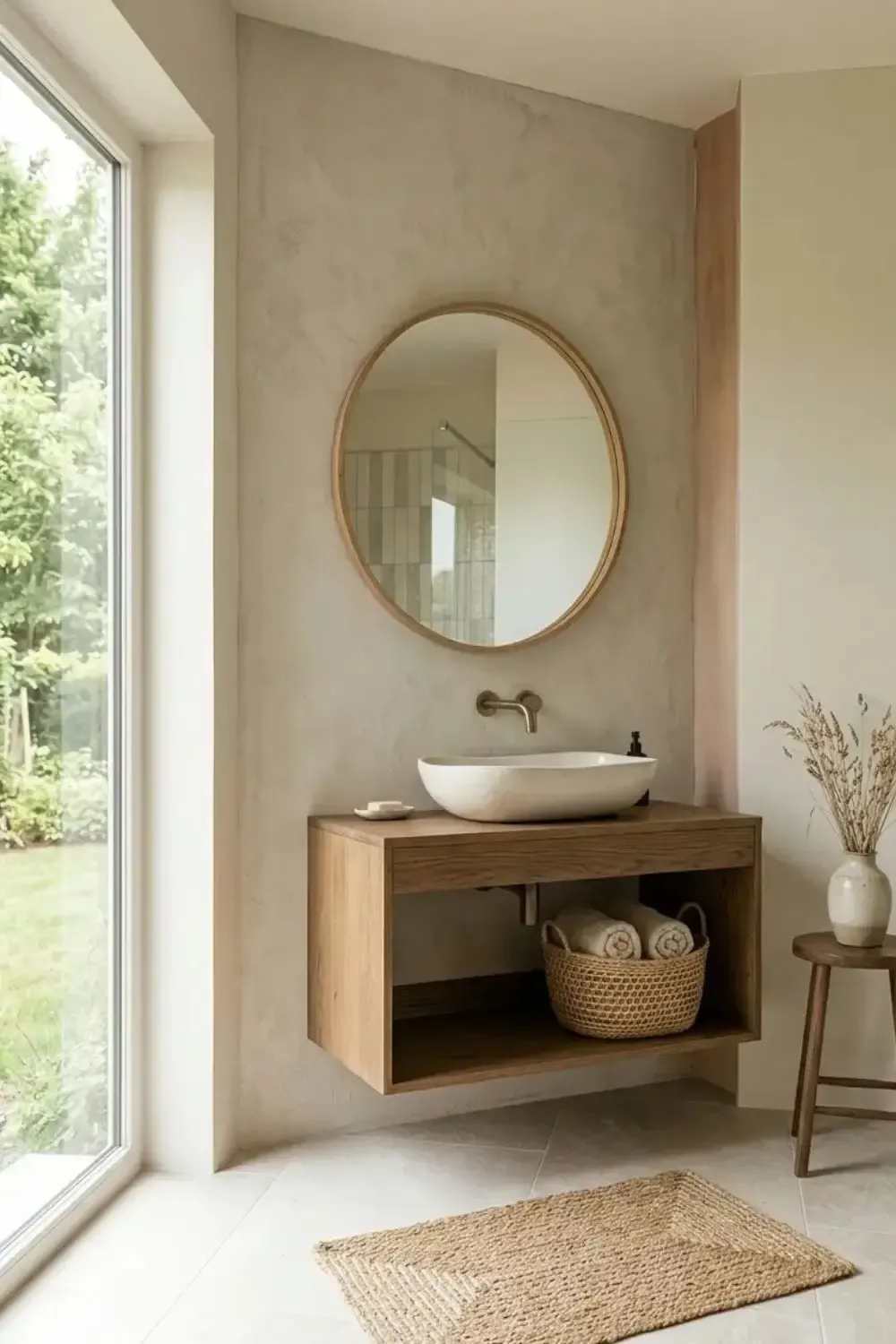 Salle de bain minimaliste style spa avec meuble vasque en bois, grands carreaux d'effet pierre, miroir rond et feuille de Monstera décorative.