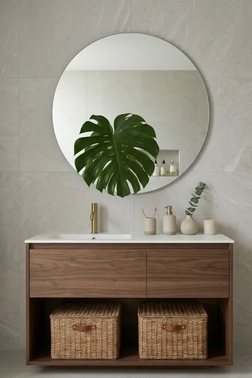 Zoom sur un coin vasque épuré : bois naturel, carrelage grand format gris clair, niche murale intégrée et textiles en coton bio texturé.