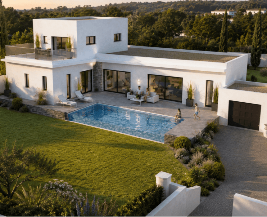 villa moderne toit plat piscine Gard / terrasse accessible garde-corps vitré villa / façade villa contemporaine Saint-Laurent-des-Arbres