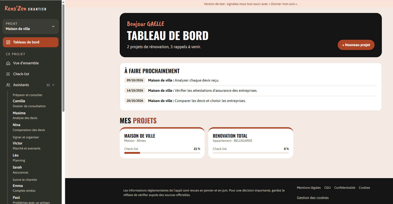 Tableau de bord de l’application Reno’Zen Chantier pour piloter une rénovation