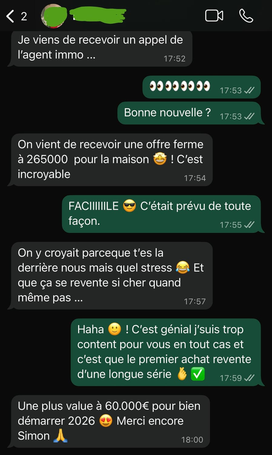 Échange WhatsApp — offre acceptée