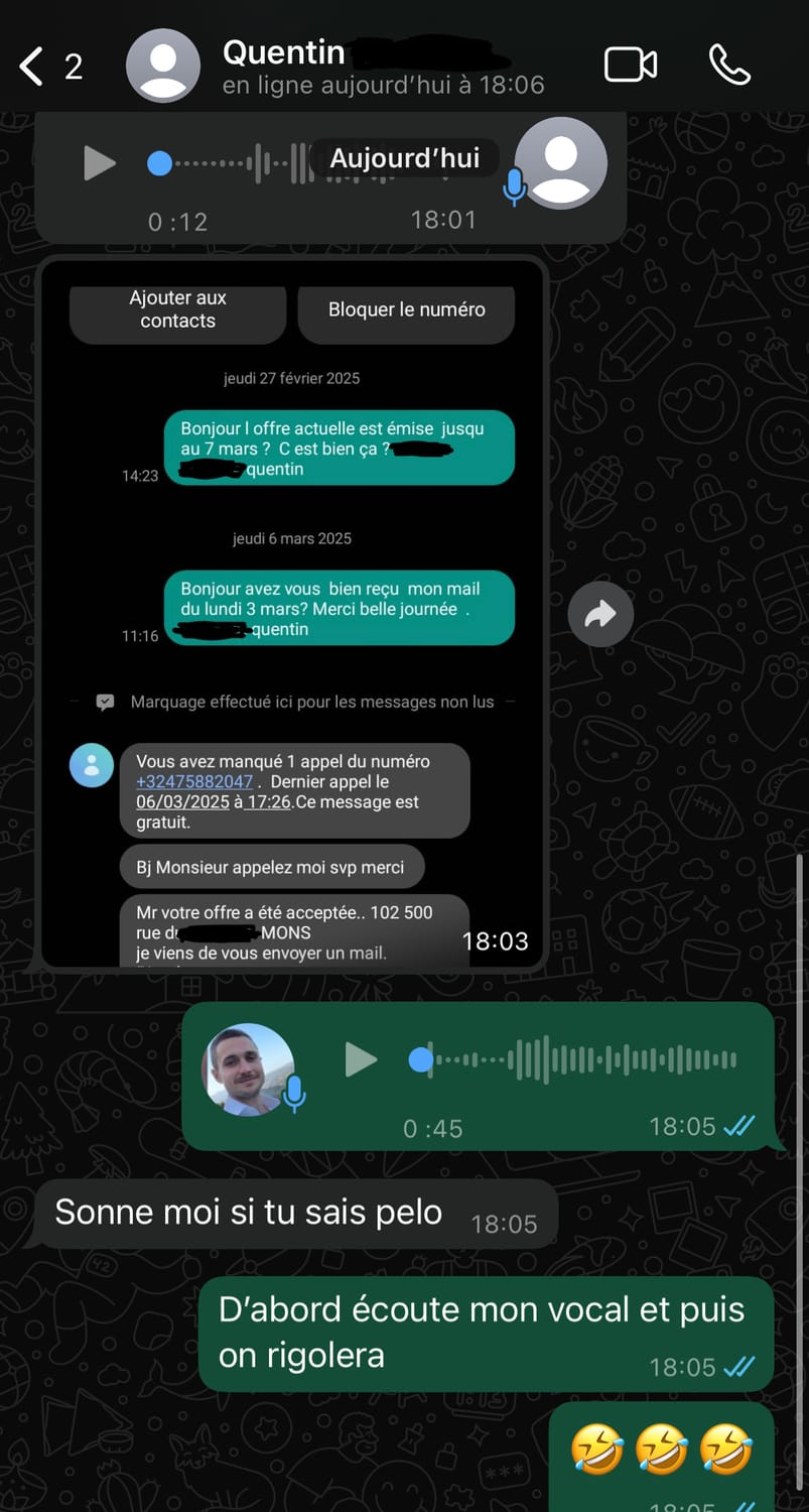 Échange WhatsApp — Quentin