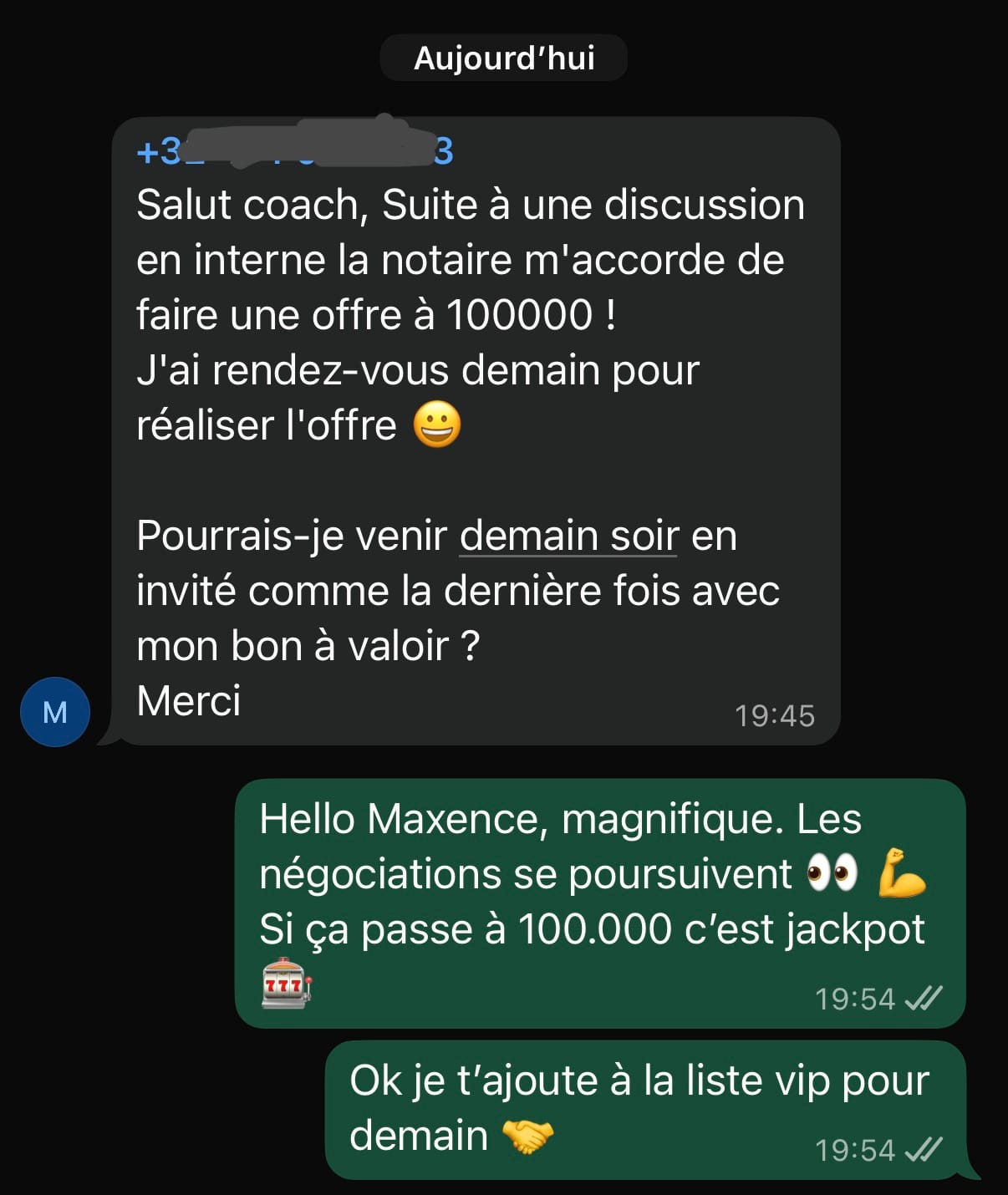 Échange WhatsApp — Maxence