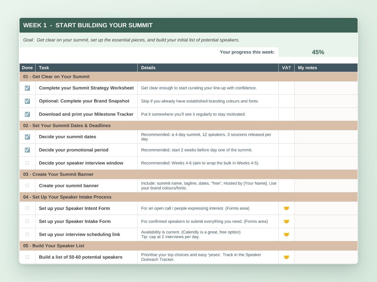 Week 1 of the Master Grid checklist