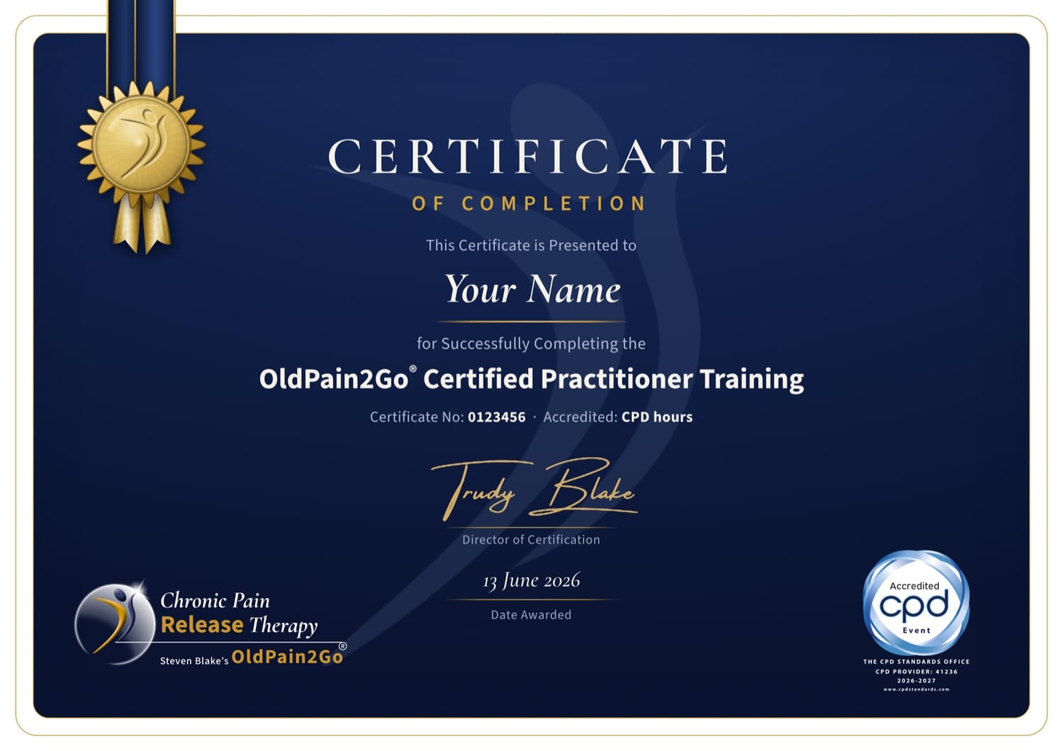 The OldPain2Go Certified Practitioner Training certificate of completion, shown framed.