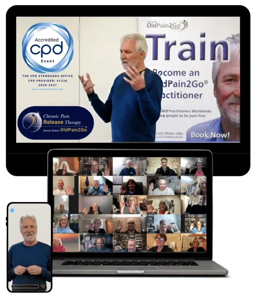 An OldPain2Go training session running online: Steven Blake presenting on screen, with a laptop showing a full grid of practitioners taking part from home.