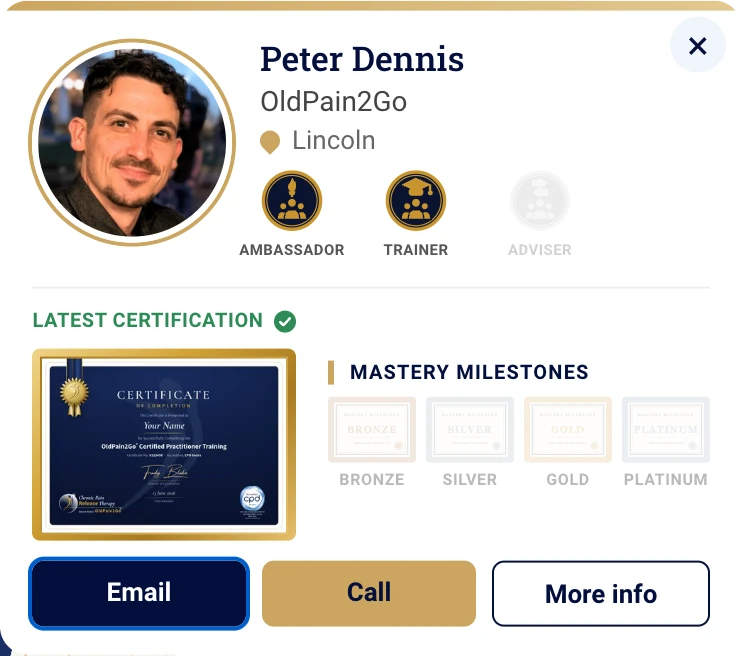 A practitioner card on the map: Peter Dennis, Ambassador and Trainer, latest certification