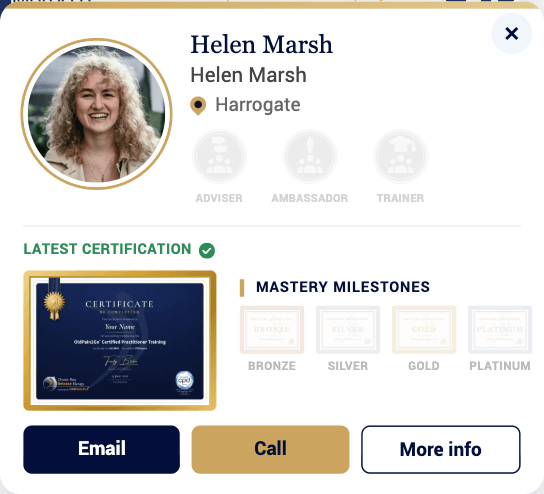 Helen Marsh's card on the map, with her latest certification on it.
