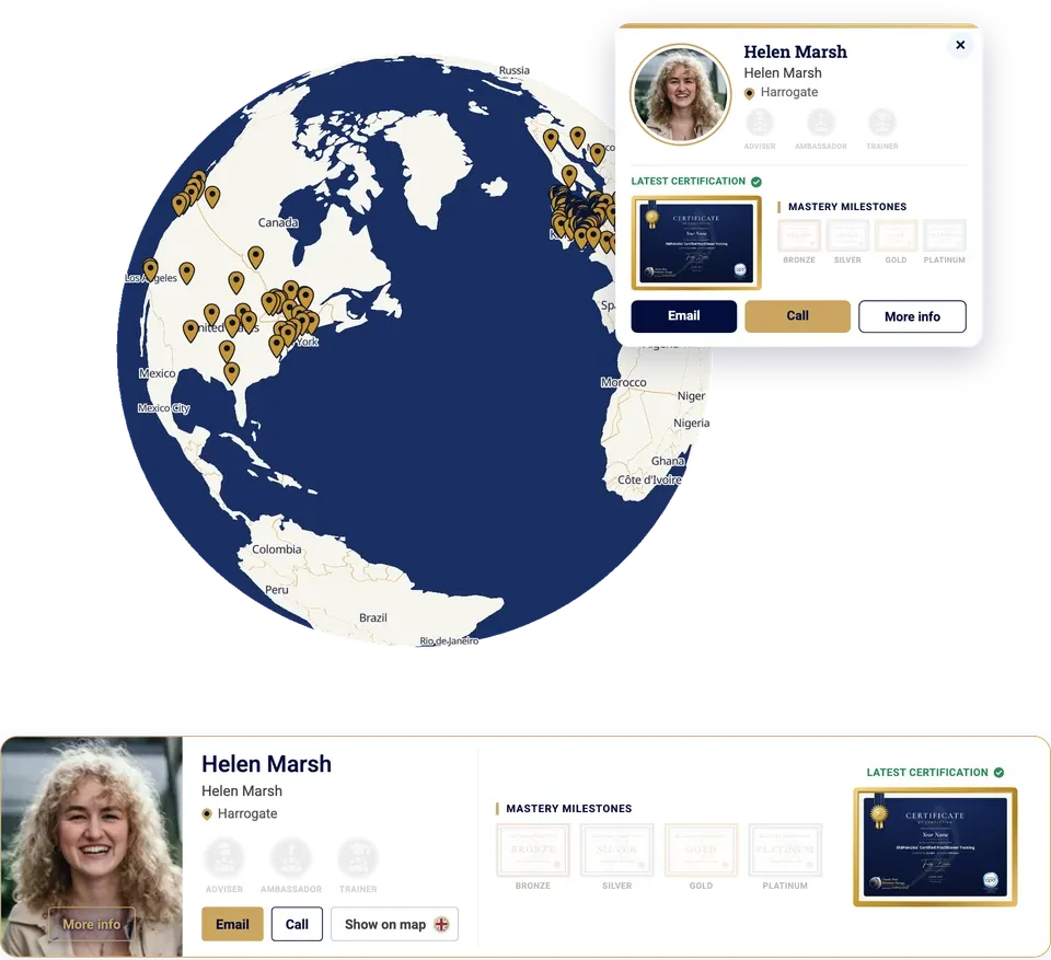 The global practitioner map: the globe with practitioner pins and, beneath it, the card of Helen Marsh, an example practitioner, showing her latest certification