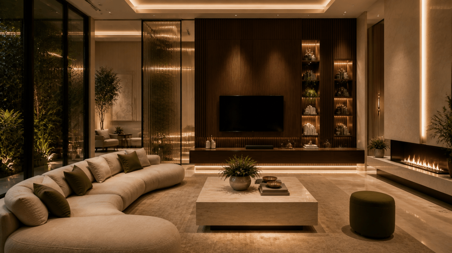 Salon haut de gamme apaisant avec design d'intérieur luxe calme, matières nobles et éclairage architectural