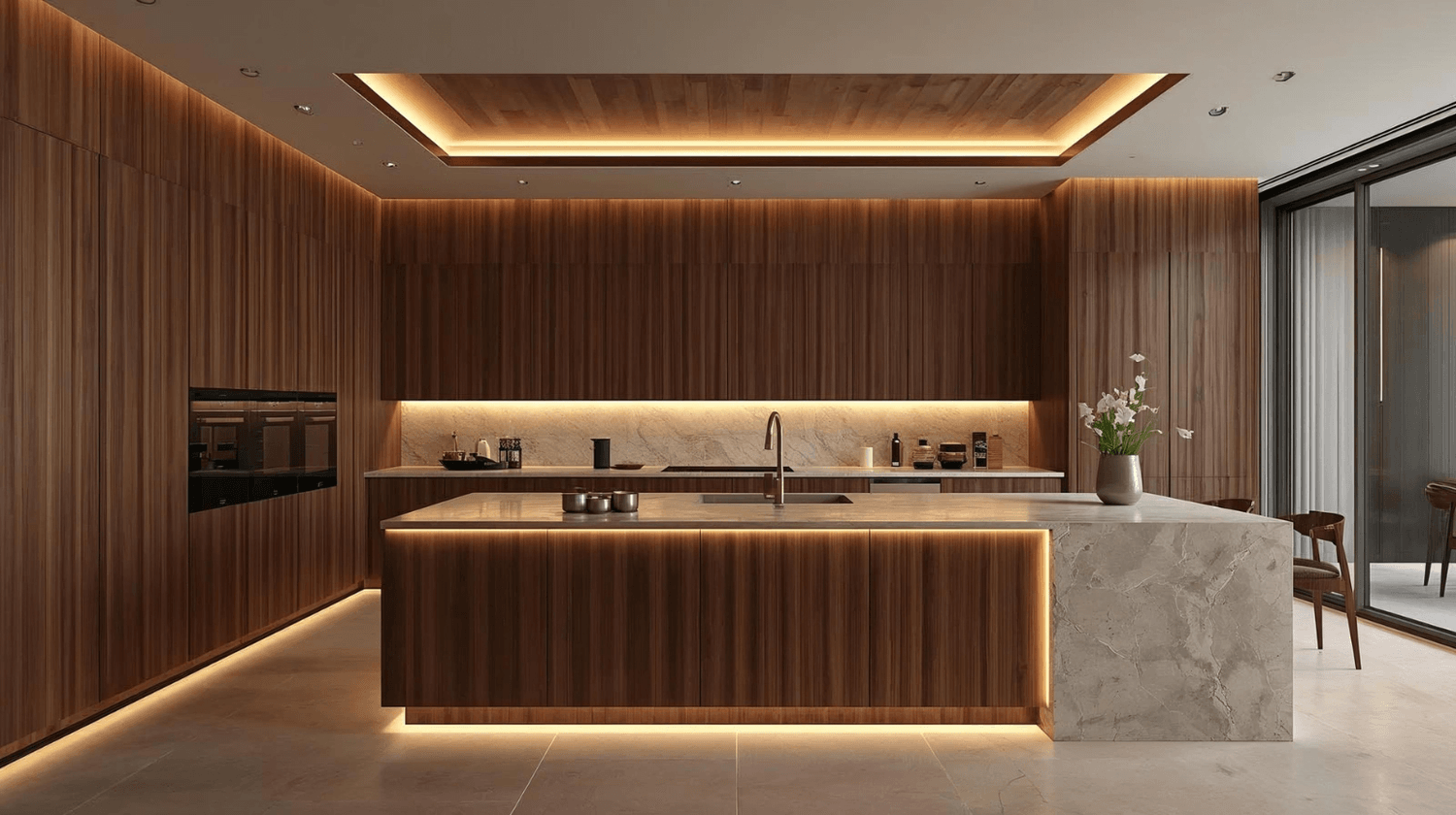 Cuisine sur mesure haut de gamme avec matériaux nobles, harmonie visuelle et agencement intérieur premium