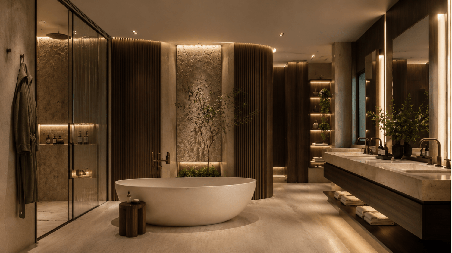Salle de bain luxe avec ambiance spa privé, matières naturelles et éclairage architectural apaisant