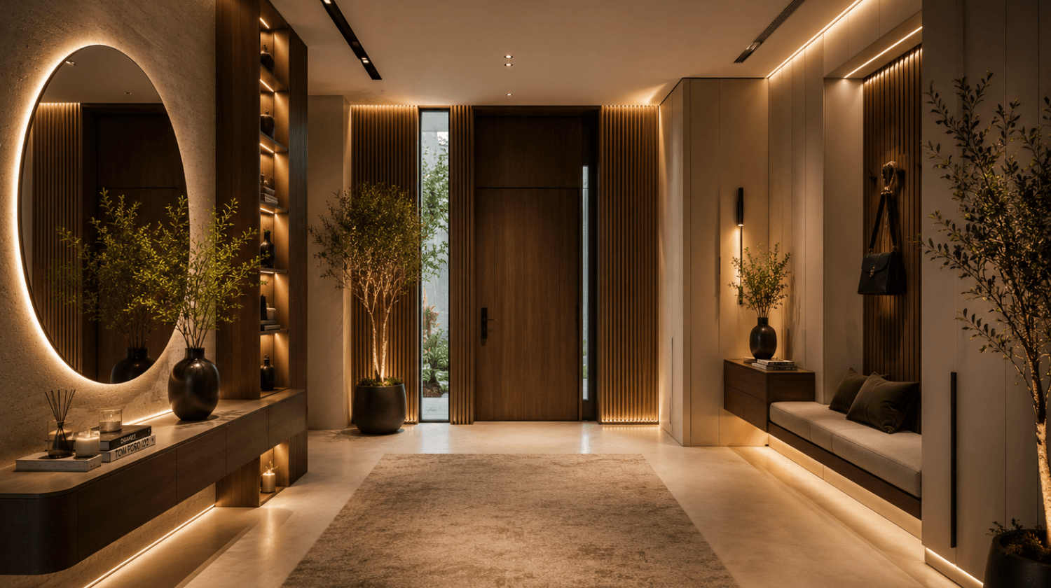 Entrée haut de gamme avec aménagement intérieur sur mesure, lumière chaude et atmosphère accueillante