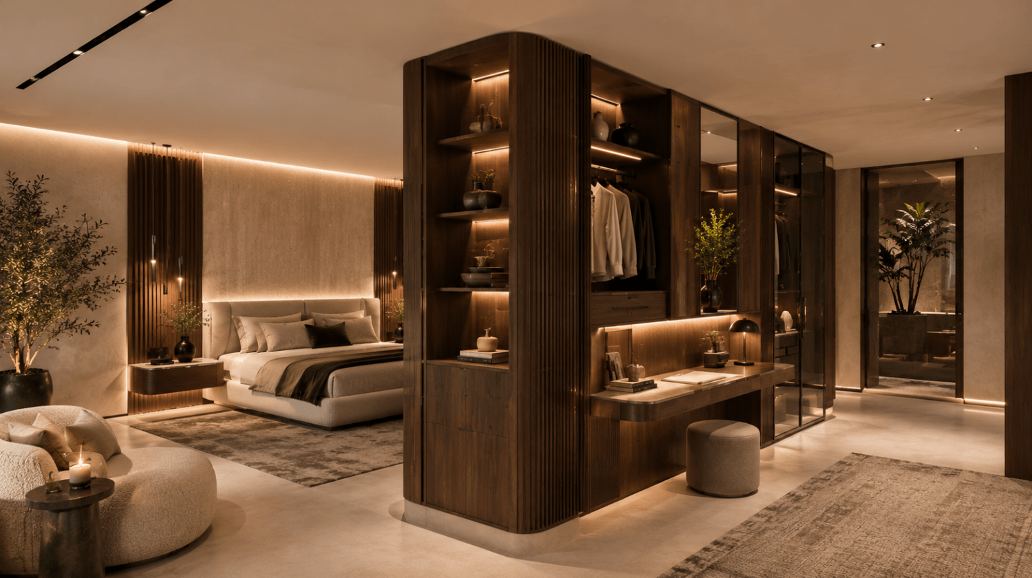 Chambre dressing sur mesure avec mobilier intégré, ambiance cocon familial et décoration intérieure haut de gamme