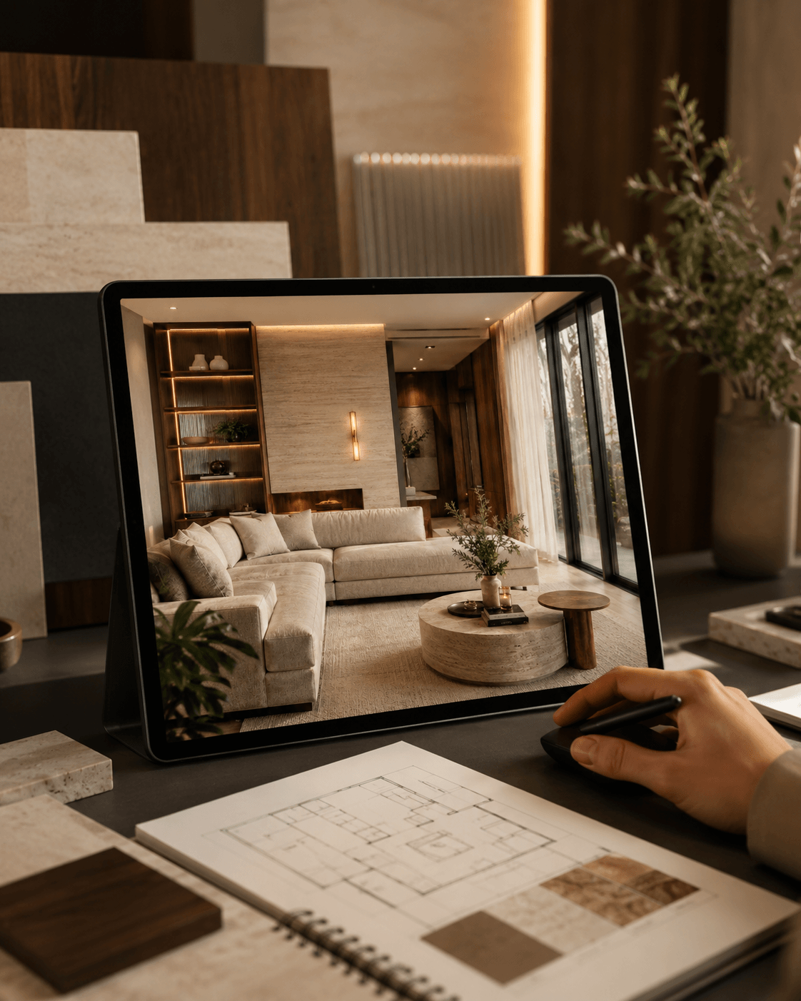 Conception intérieure avec tablette montrant un rendu 3D du projet