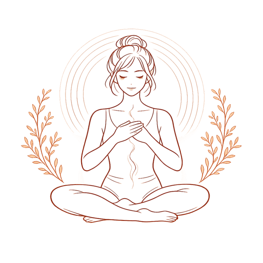A woman sitting in calm meditation with a glowing heart and belly, framed by botanical sprigs