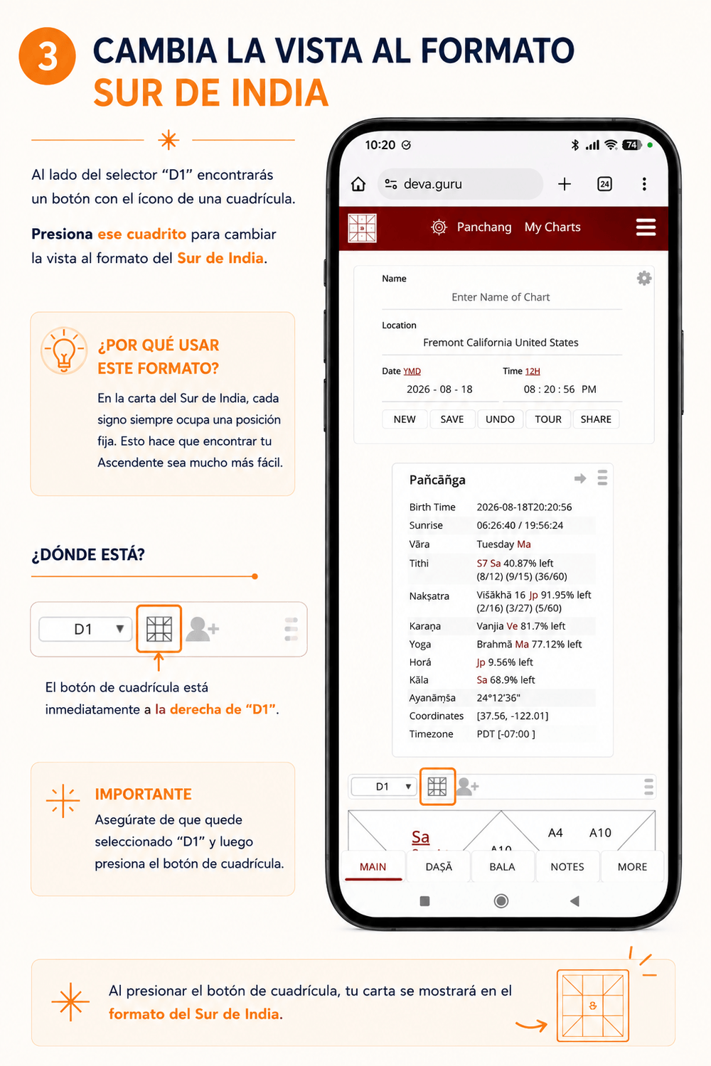 Paso 3 para cambiar la carta al formato del Sur de India