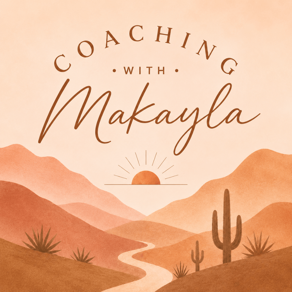 Coaching with Makayla logo with sunrise and a path through the peach and beige desert.