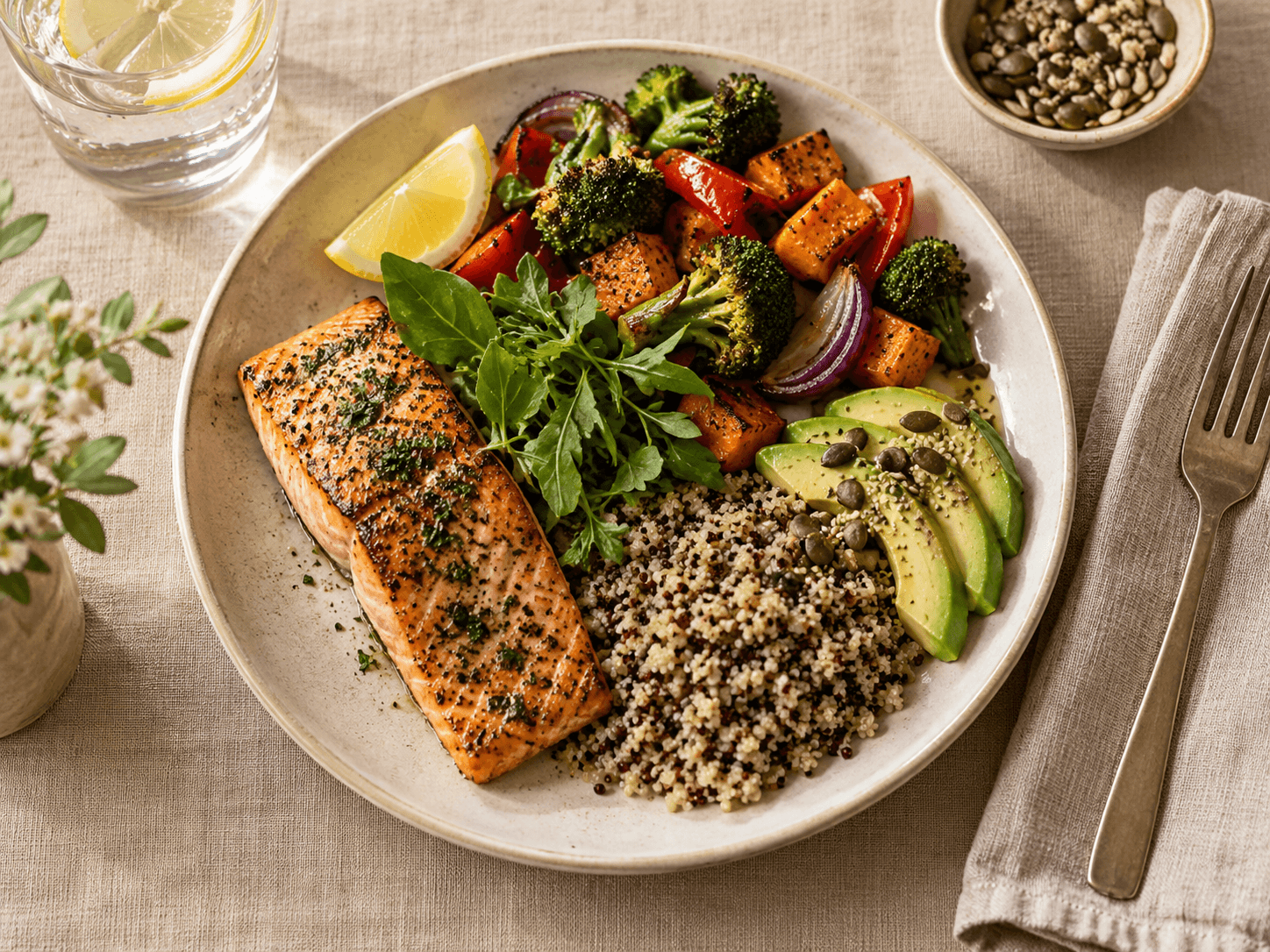 Balanced healthy meal with protein vegetables fiber and healthy fats