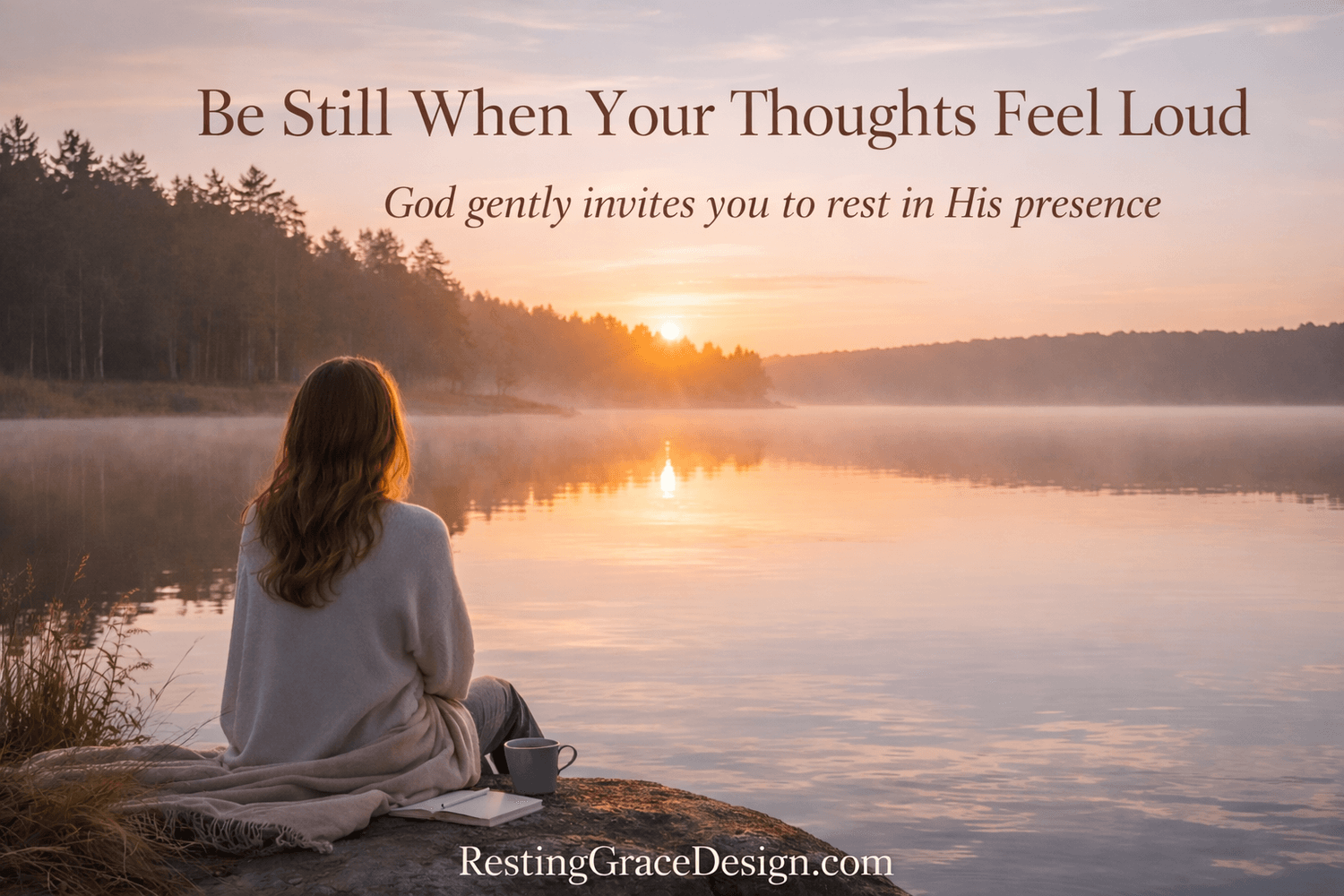 Be Still When Your Thoughts Feel Loud — When anxiety and racing thoughts overwhelm your mind, God gently invites you to rest in His presence. Discover biblical encouragement, Scripture, and faith-centered guidance for finding peace when your thoughts feel loud. From the article “Be Still When Your Thoughts Feel Loud” – Christian encouragement for anxiety and racing thoughts by RestingGraceDesign.com.